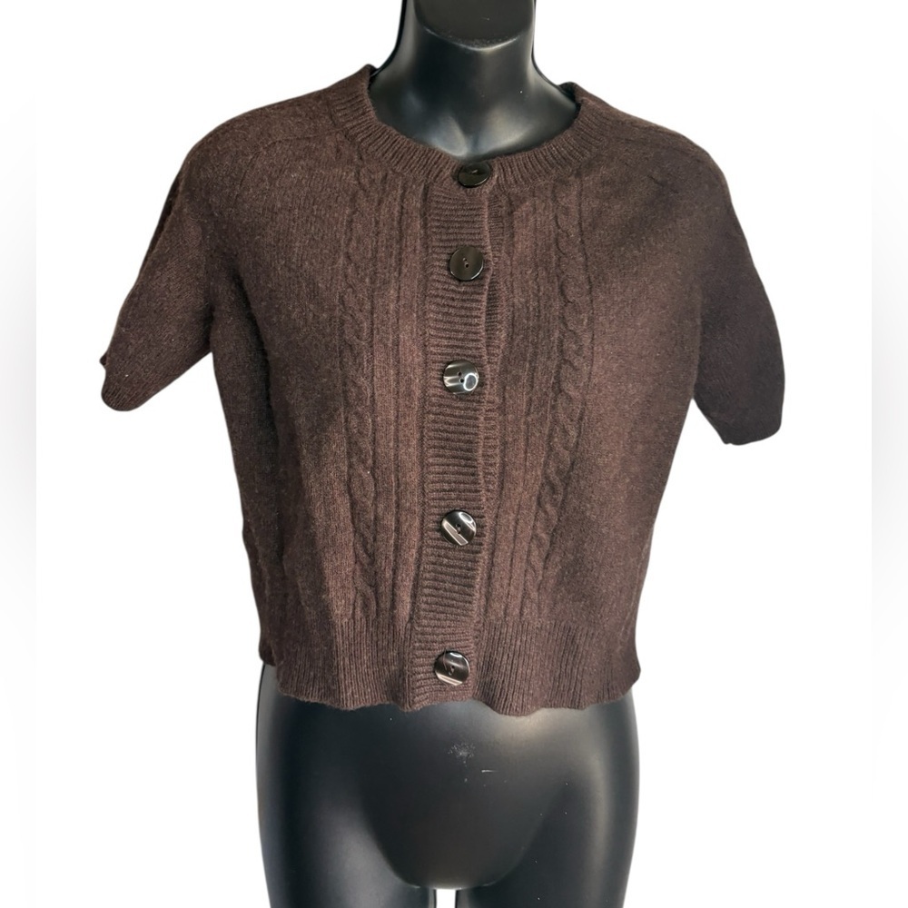 Ann Taylor LOFT mocha brown cable knit short sleeve button up sweater shirt L - Picture 6 of 11